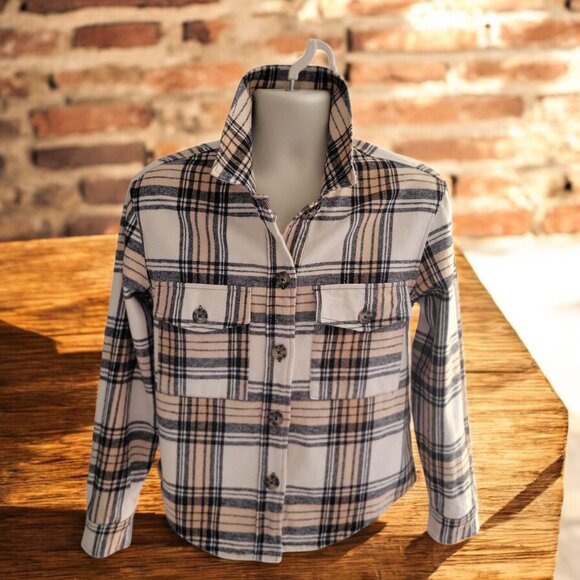 SANCTUARY ANTHROPOLOGIE Girlfriend Shacket Cream Tan Black Plaid Flannel- S - Picture 2 of 9
